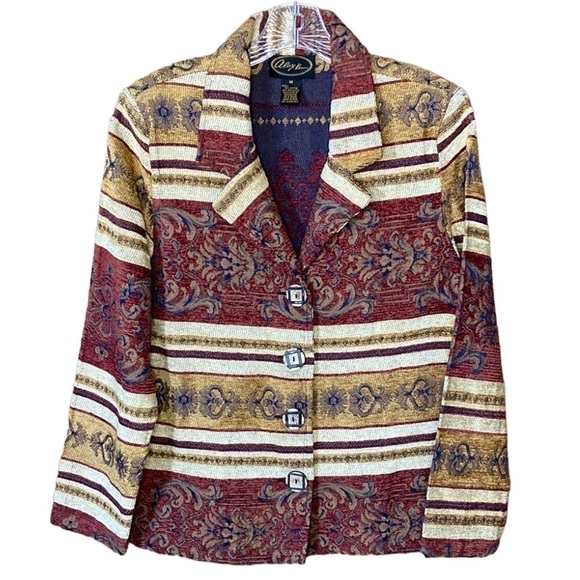 Alex Kim | Tapestry Jacket Beaded Accents Padded Shoulders M - Picture 1 of 5